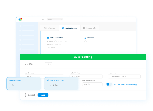 The auto-scaling and load balancer dashboard within the DuploCloud platform.