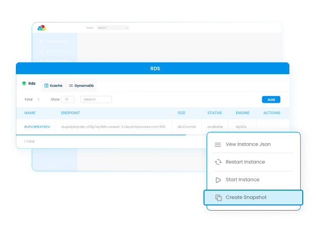 DuploCloud’s resilient cloud environment quickly restores data to reduce interruptions and downtime.
